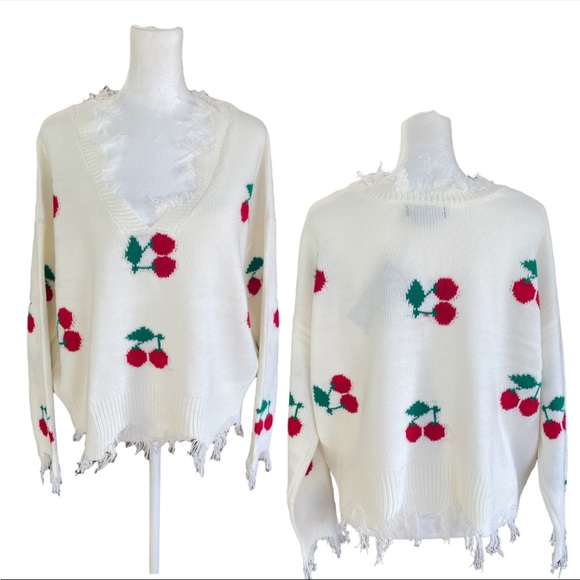 NWT Just Polly juniors Frayed V-neck Cherry Pullover Oversize Sweater Size Med - Picture 4 of 10
